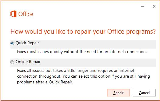 Repair process does not start for Office Click-to-Run application ...